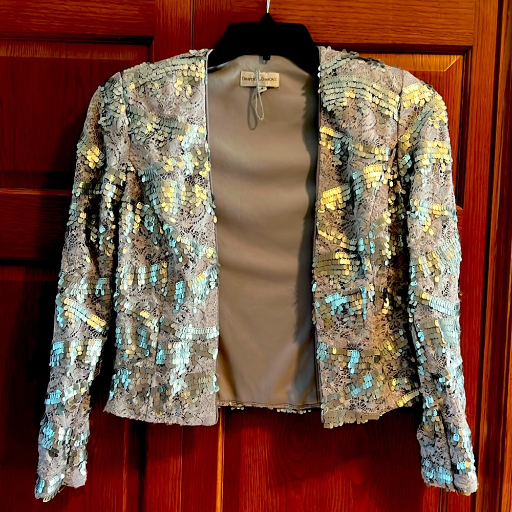 Draper & Damon’s Cropped Sequin & lace Open Jacket
